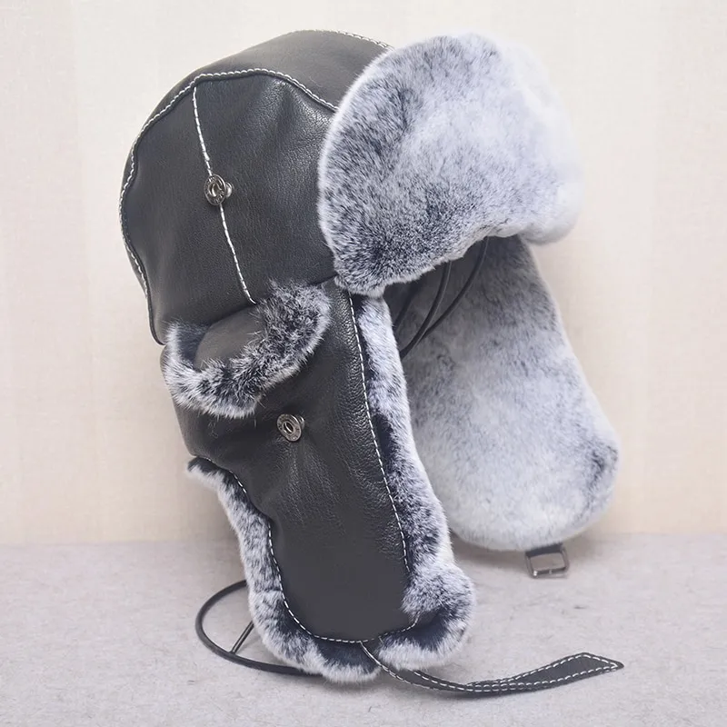 Chapka en cuir véritable et en fourrure de lapin Rex