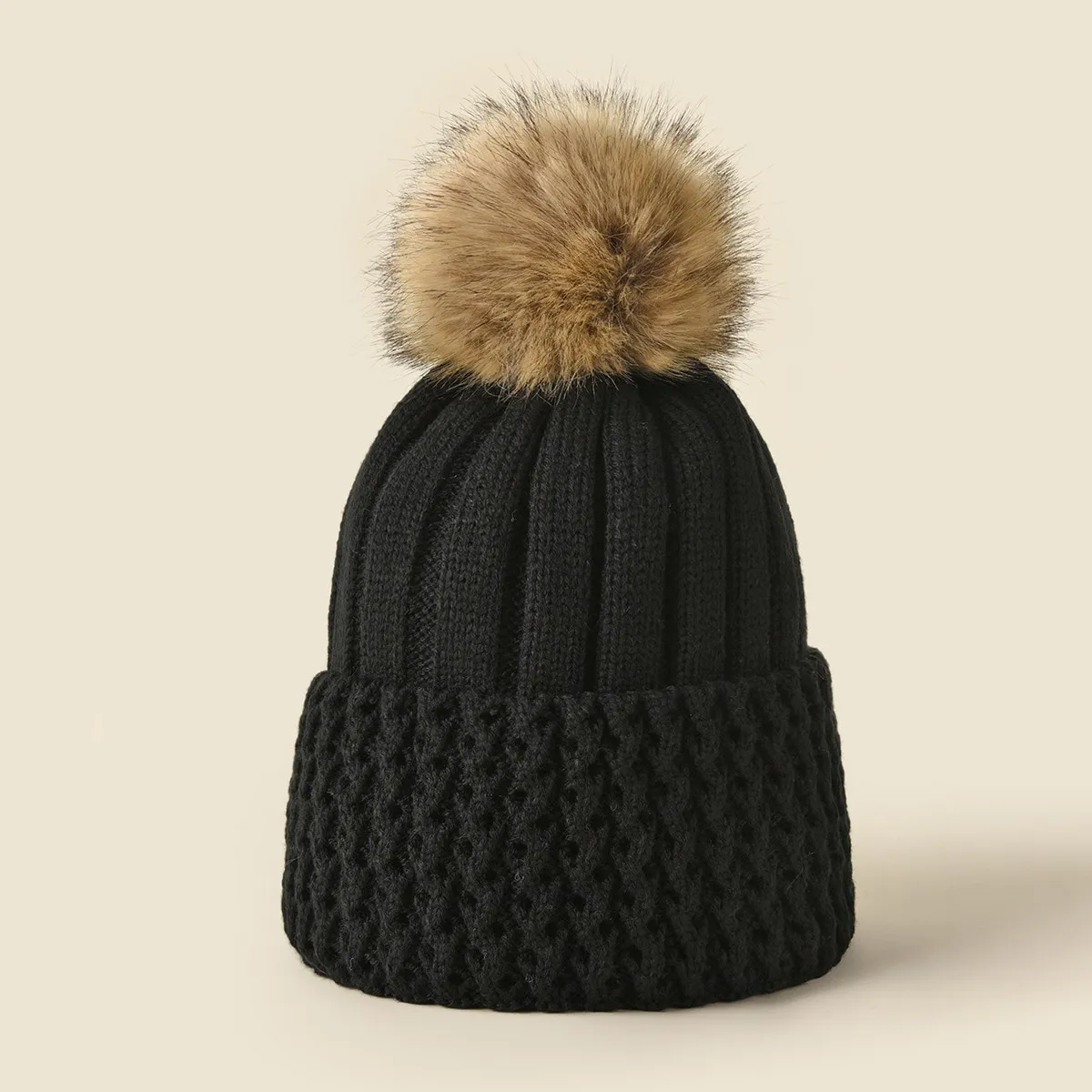 Bonnet tricoté à pompon fourrure femme – Image 6