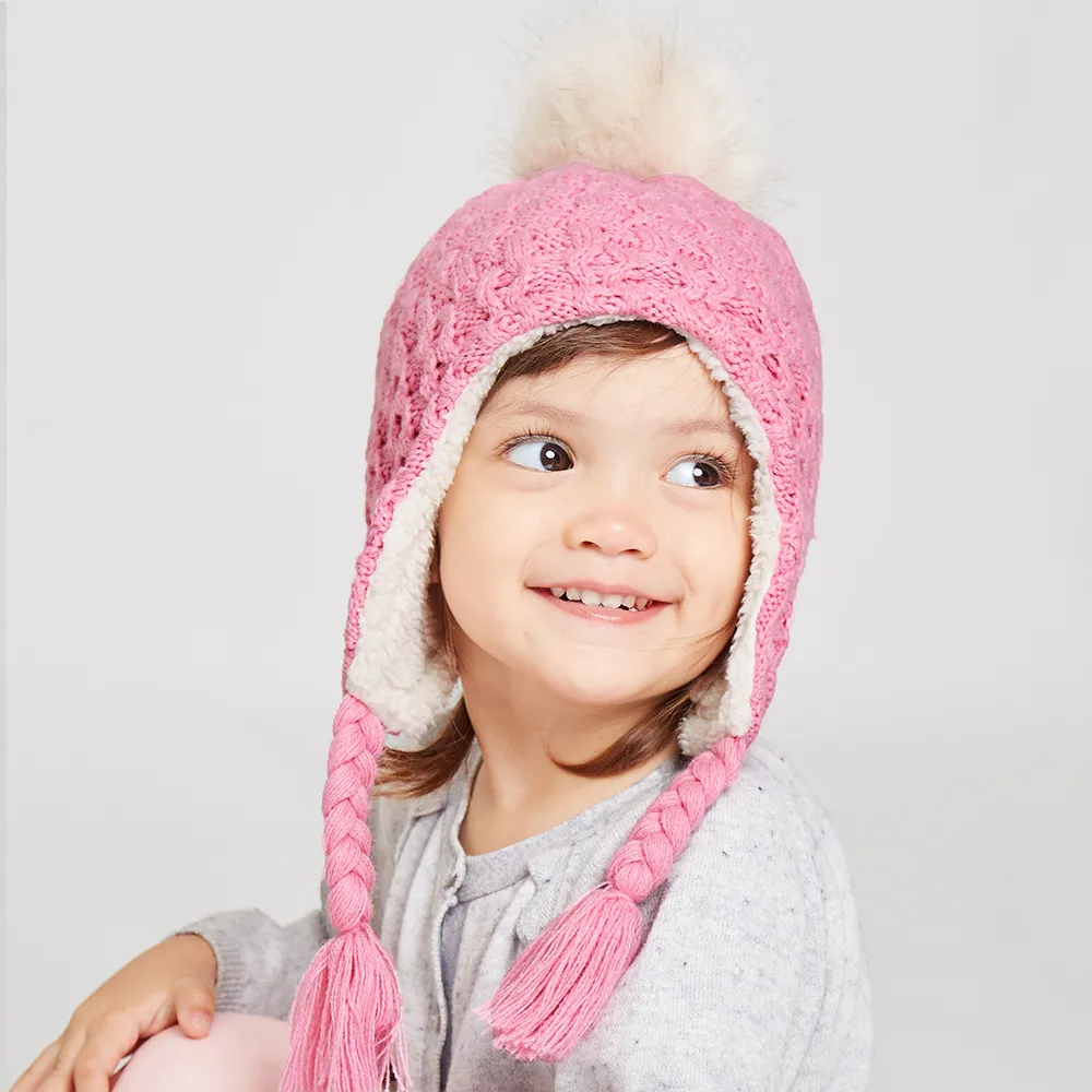 Bonnet à pompon péruvien à pompon doublure polaire pour bébé – Image 2