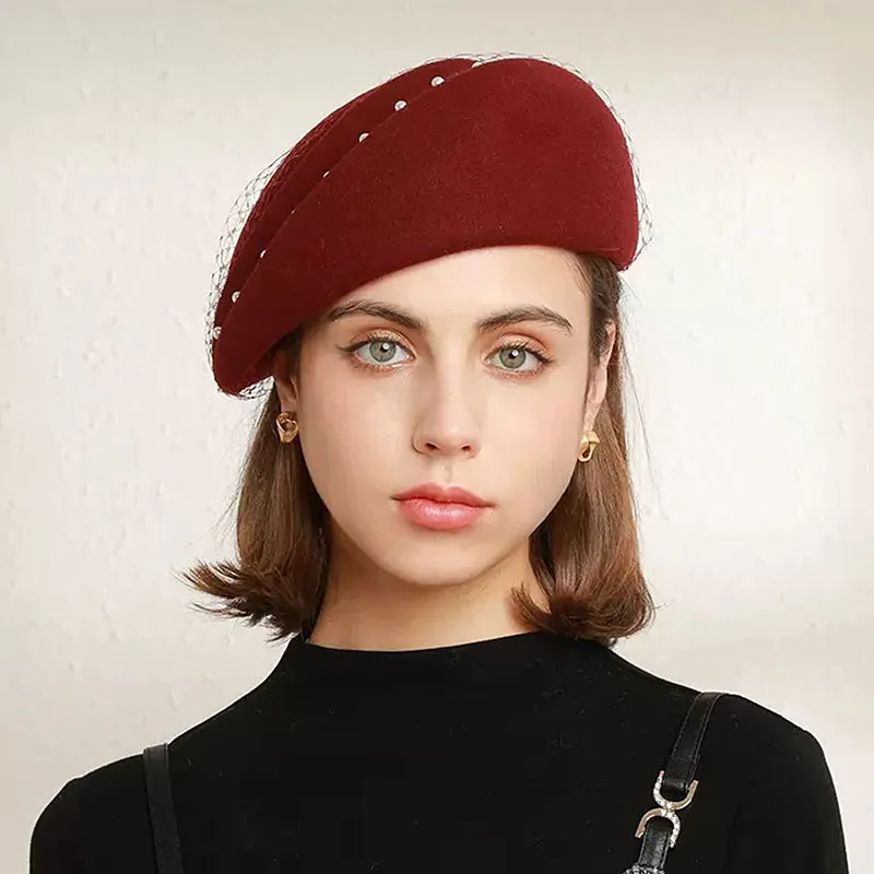 Béret français feutre de laine filet et perles