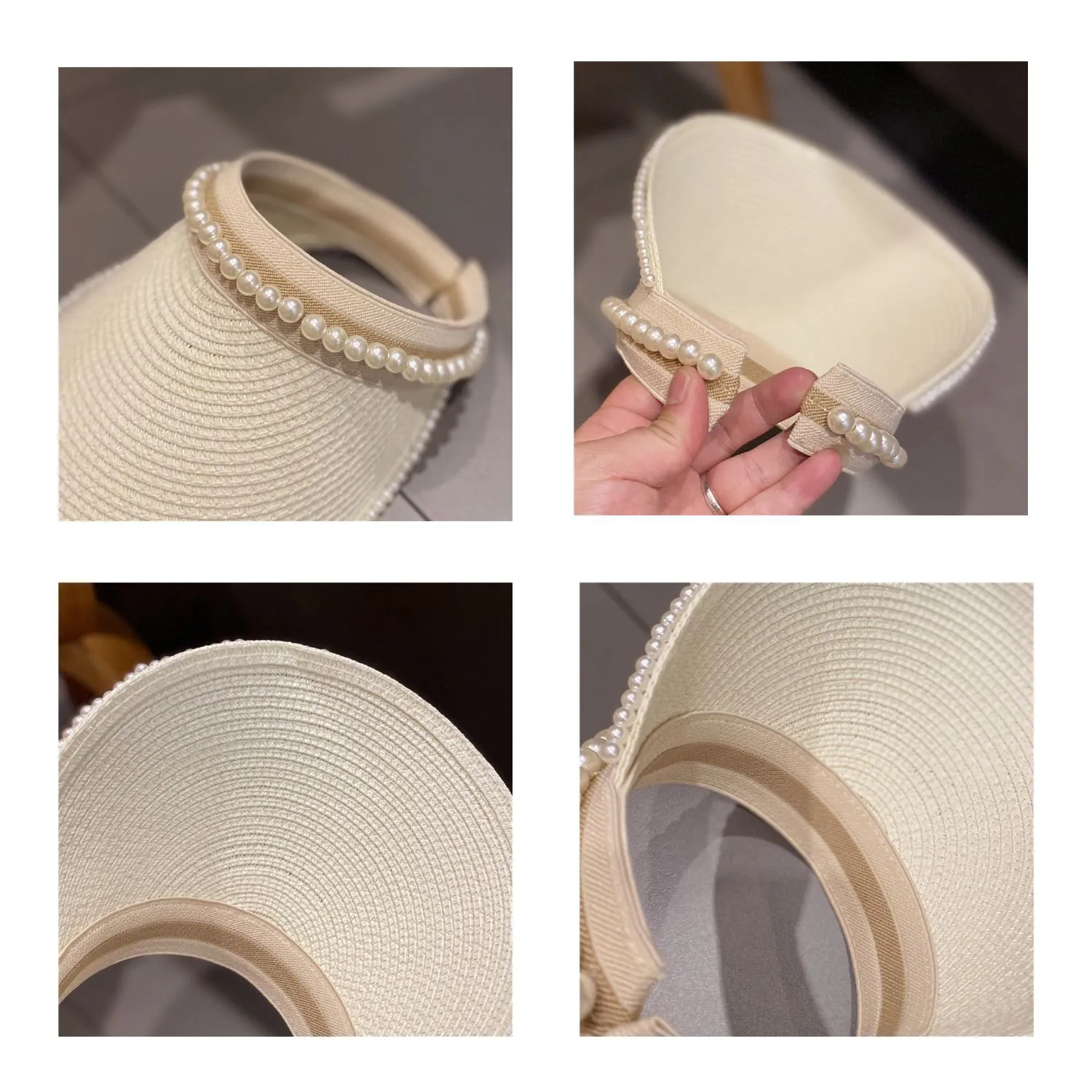 Chapeau de paille visière élégant à perles – Image 4