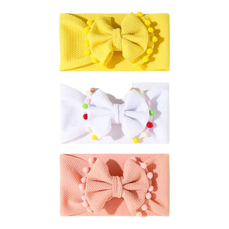 Bandeau bébé fille : lot de trois bandeaux élastiques pompon jaune blanc et orange