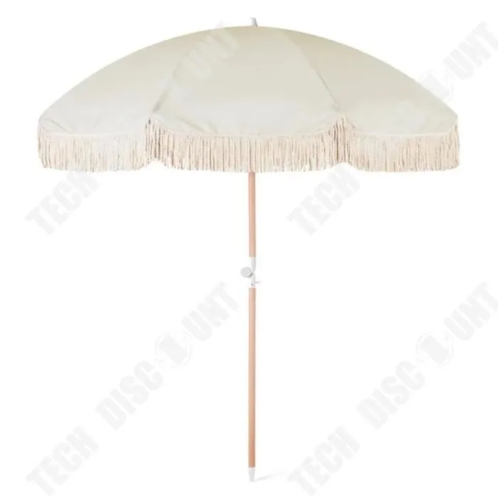 TD® Parasol d’extérieur avec spray à franges fibre plastique imitation bois mât manuel parapluie de plage facile à transporter